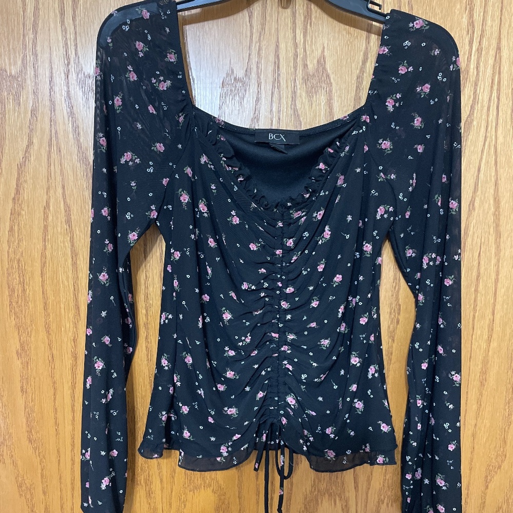 Romantic square neckline black and pink rose top